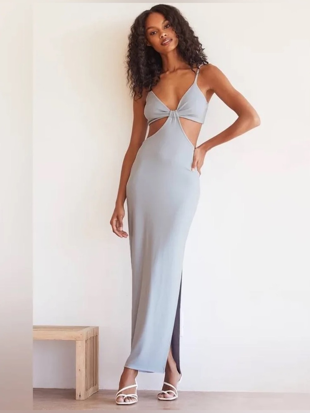 Sleeveless Bodycon Cutout Maxi Dress in Light Blue Heather